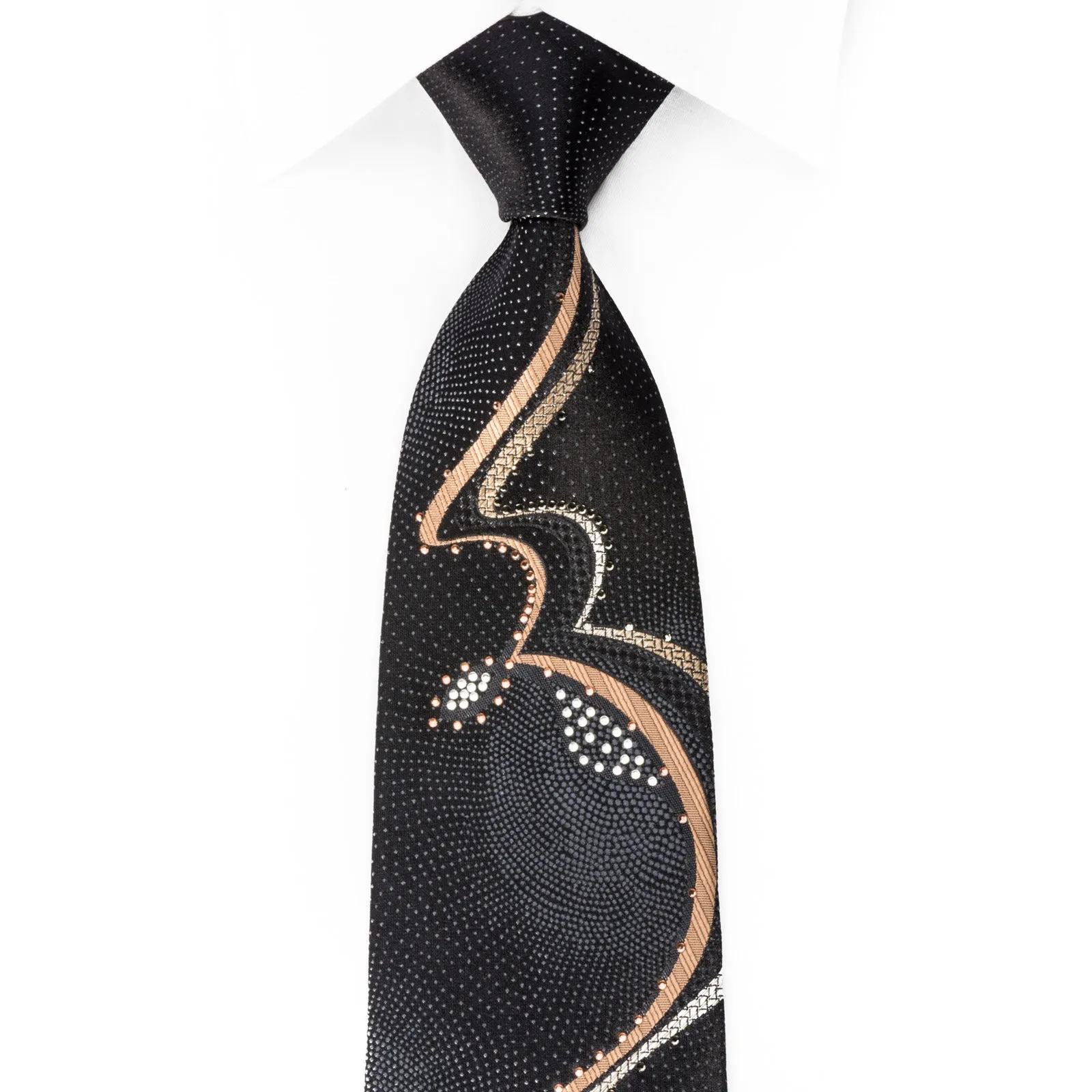 Indian Homme Rhinestone Silk Necktie Gold Silver Waves On Black With Sparkles