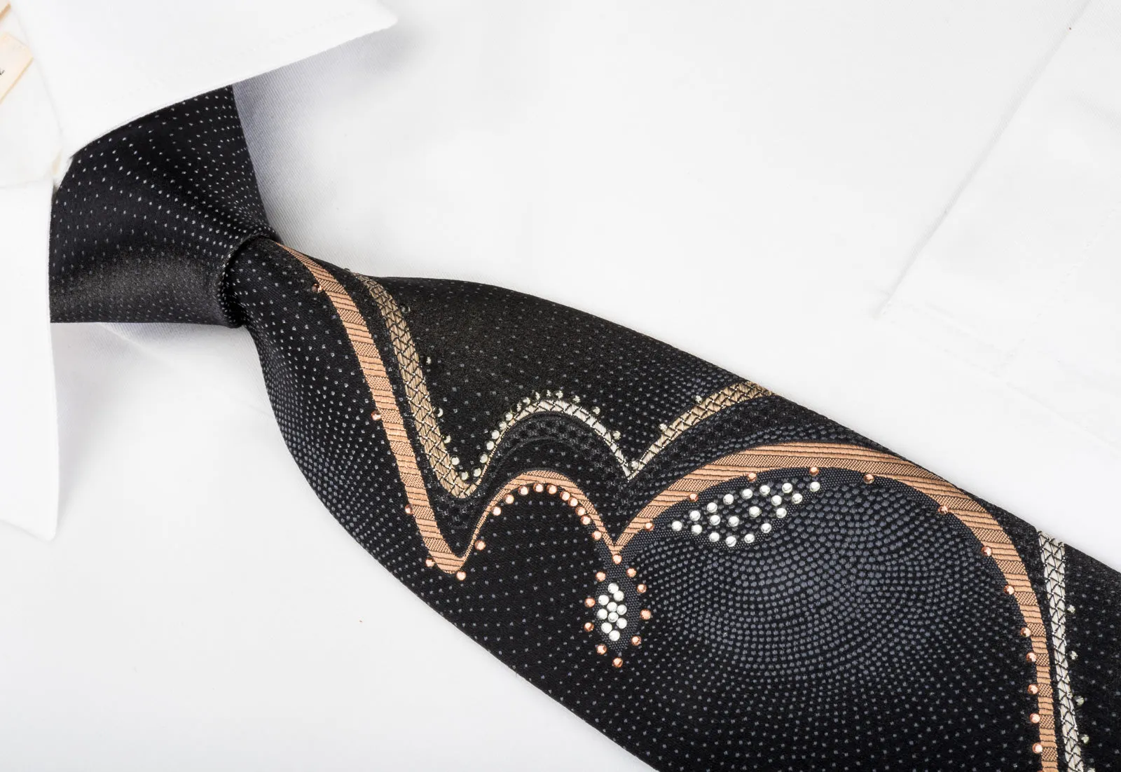 Indian Homme Rhinestone Silk Necktie Gold Silver Waves On Black With Sparkles