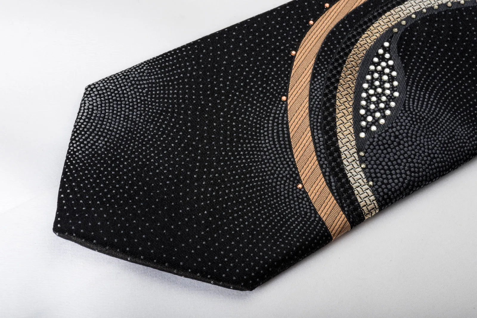 Indian Homme Rhinestone Silk Necktie Gold Silver Waves On Black With Sparkles