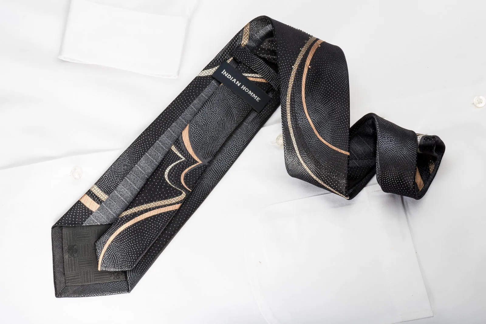 Indian Homme Rhinestone Silk Necktie Gold Silver Waves On Black With Sparkles