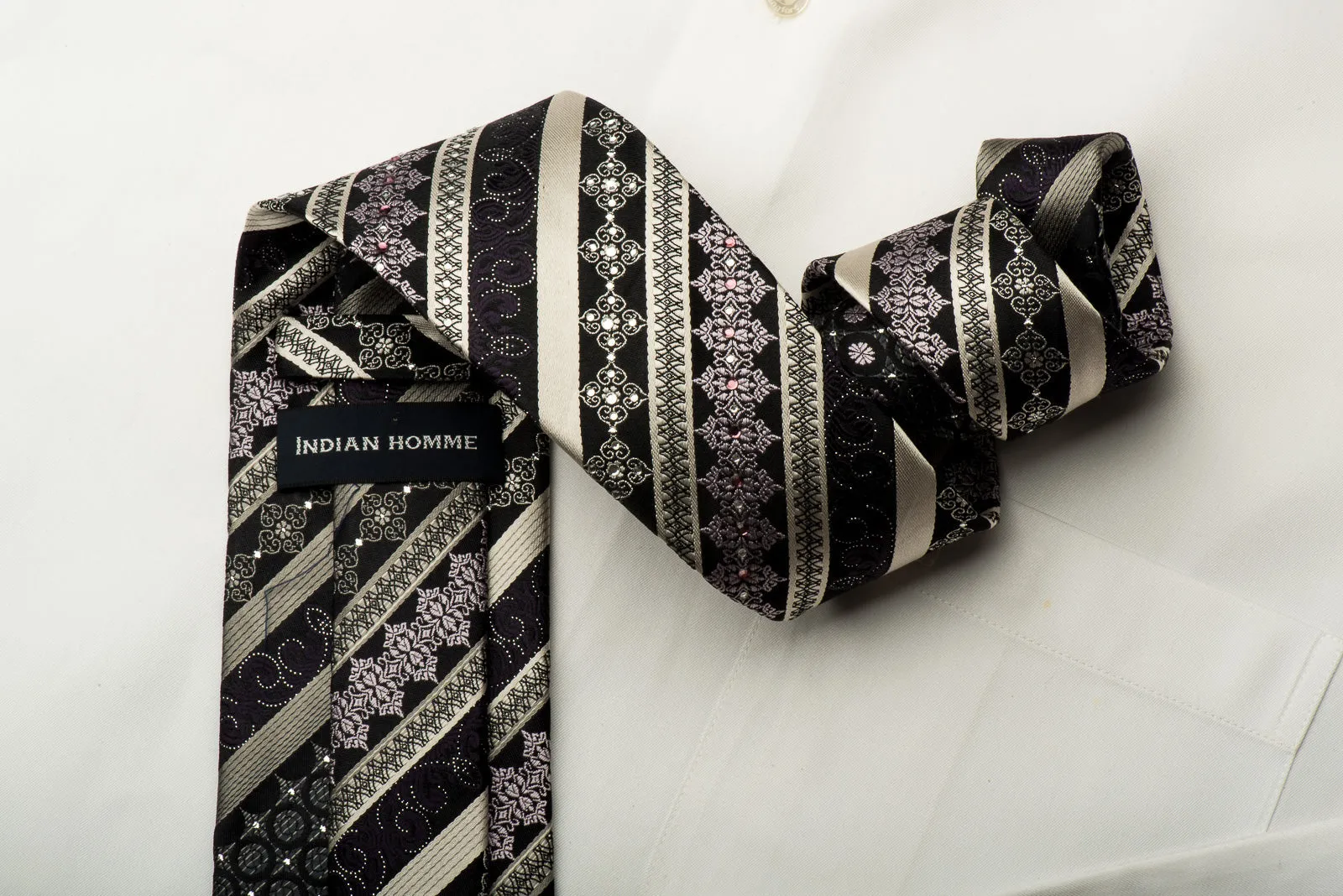 Indian Homme Rhinestone Silk Necktie Silver Striped On Black With Silver Sparkles
