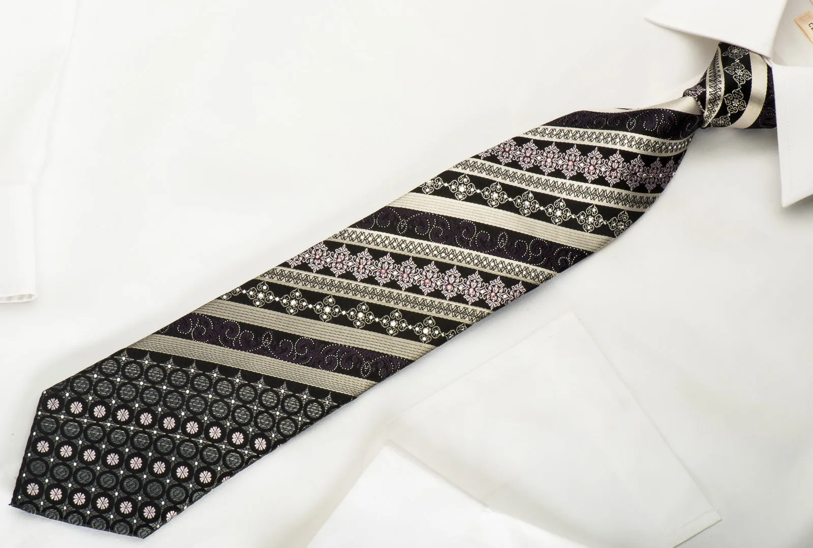 Indian Homme Rhinestone Silk Necktie Silver Striped On Black With Silver Sparkles