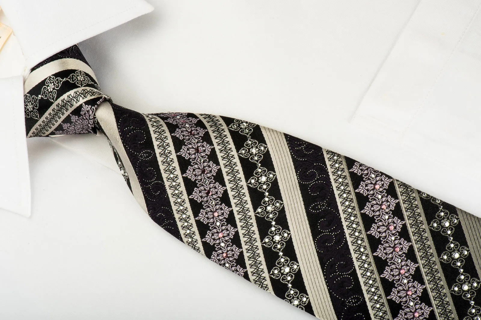 Indian Homme Rhinestone Silk Necktie Silver Striped On Black With Silver Sparkles