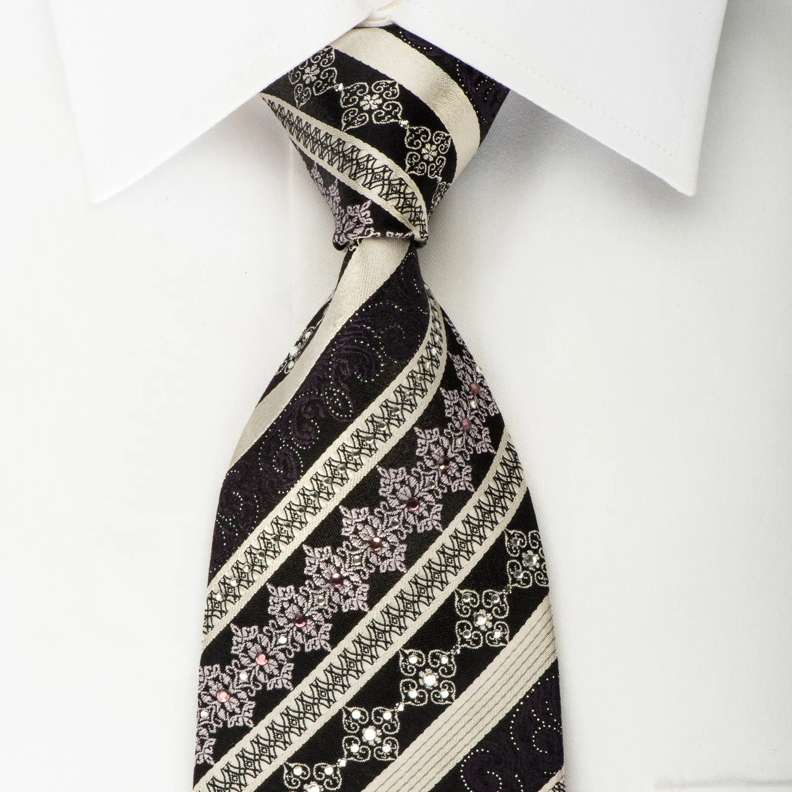 Indian Homme Rhinestone Silk Necktie Silver Striped On Black With Silver Sparkles