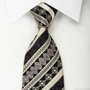 Indian Homme Rhinestone Silk Necktie Silver Striped On Black With Silver Sparkles