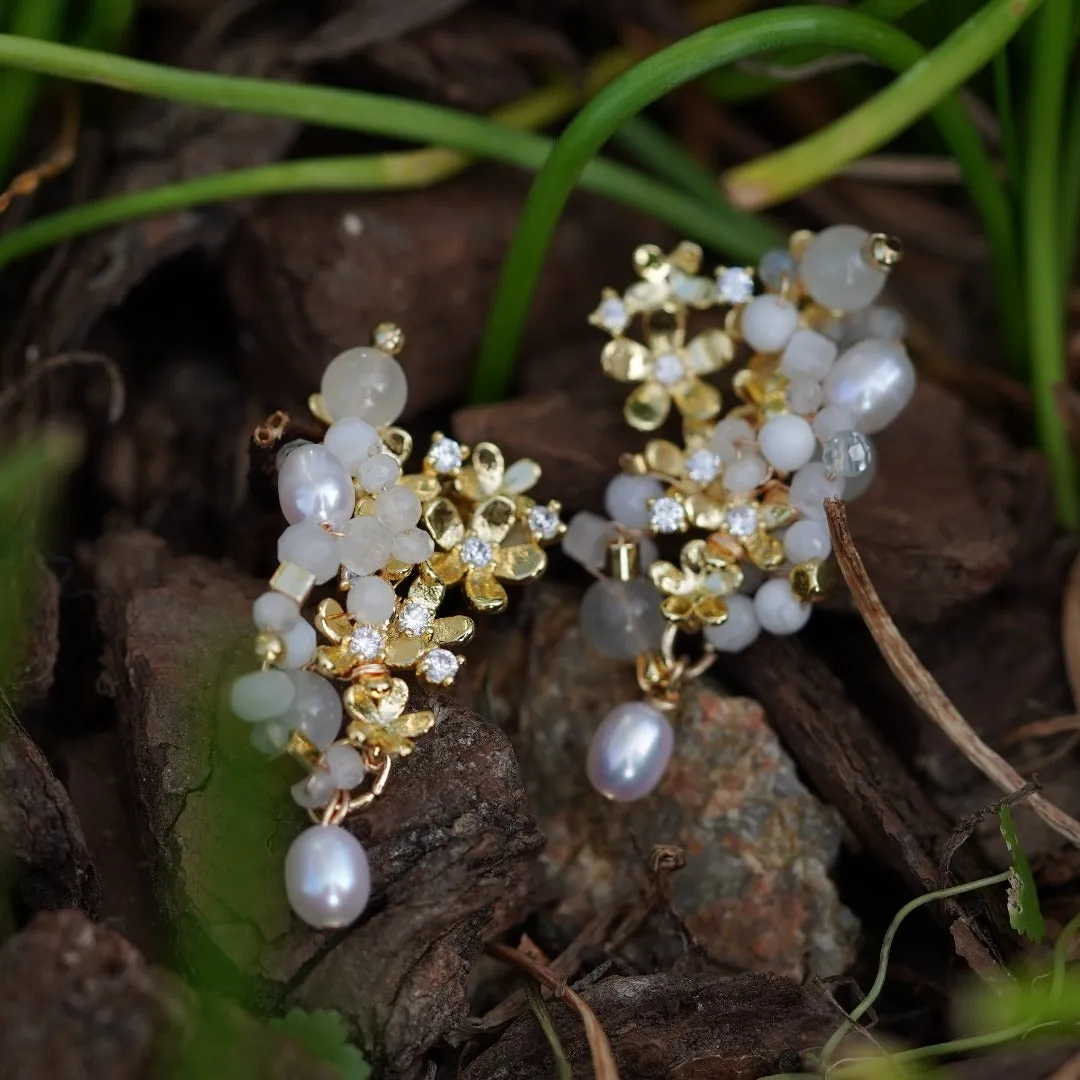 Jade Vine Jadeite White Turquoise Moonstone Mother of Peal Saltwater Pearl Earrings