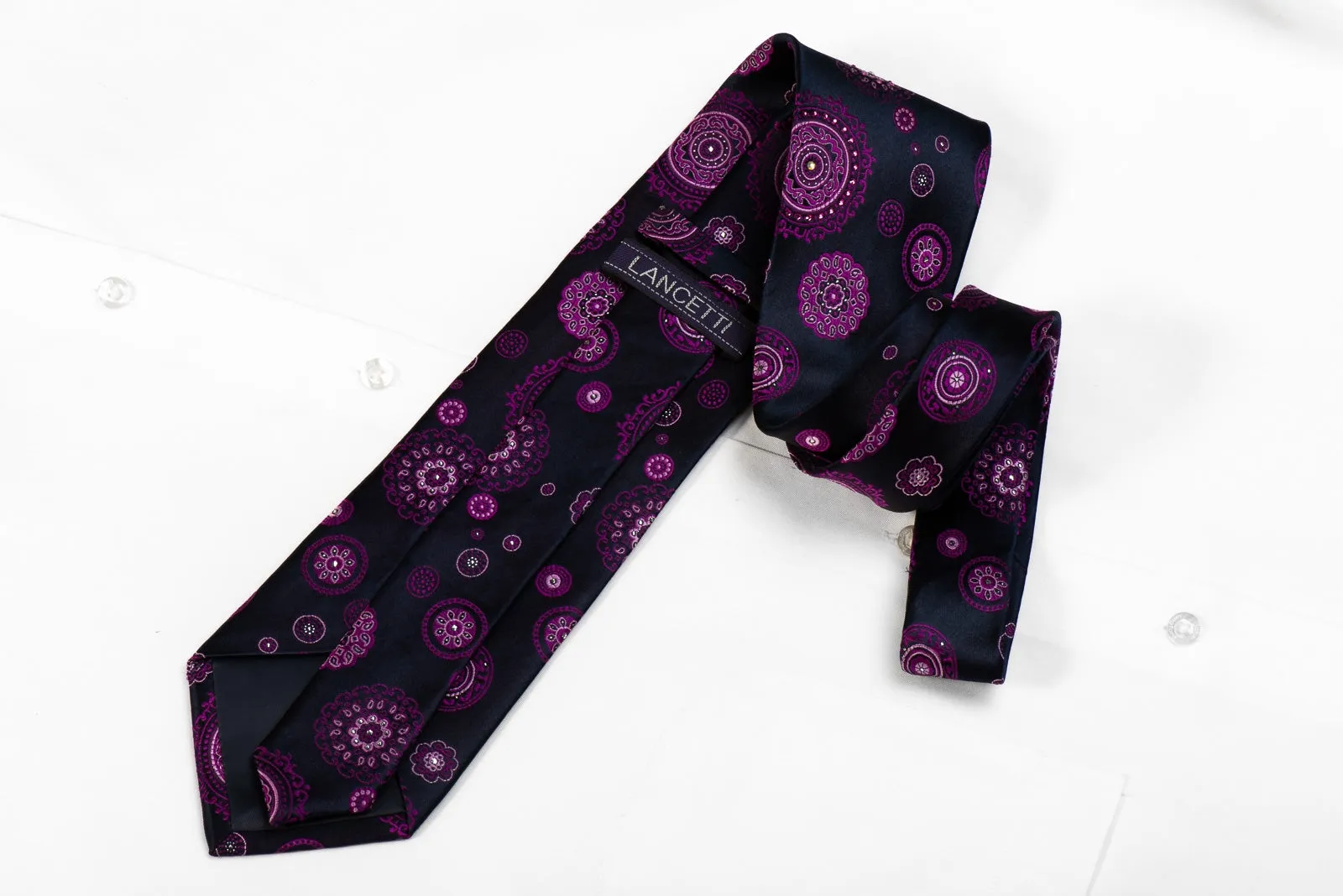 Lancetti Men's Crystal Silk Necktie Purple Medallions On Navy With Silver Sparkles