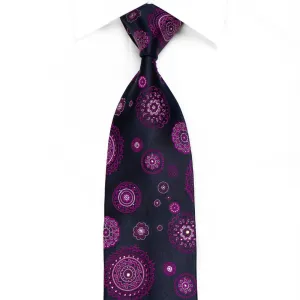 Lancetti Men's Crystal Silk Necktie Purple Medallions On Navy With Silver Sparkles