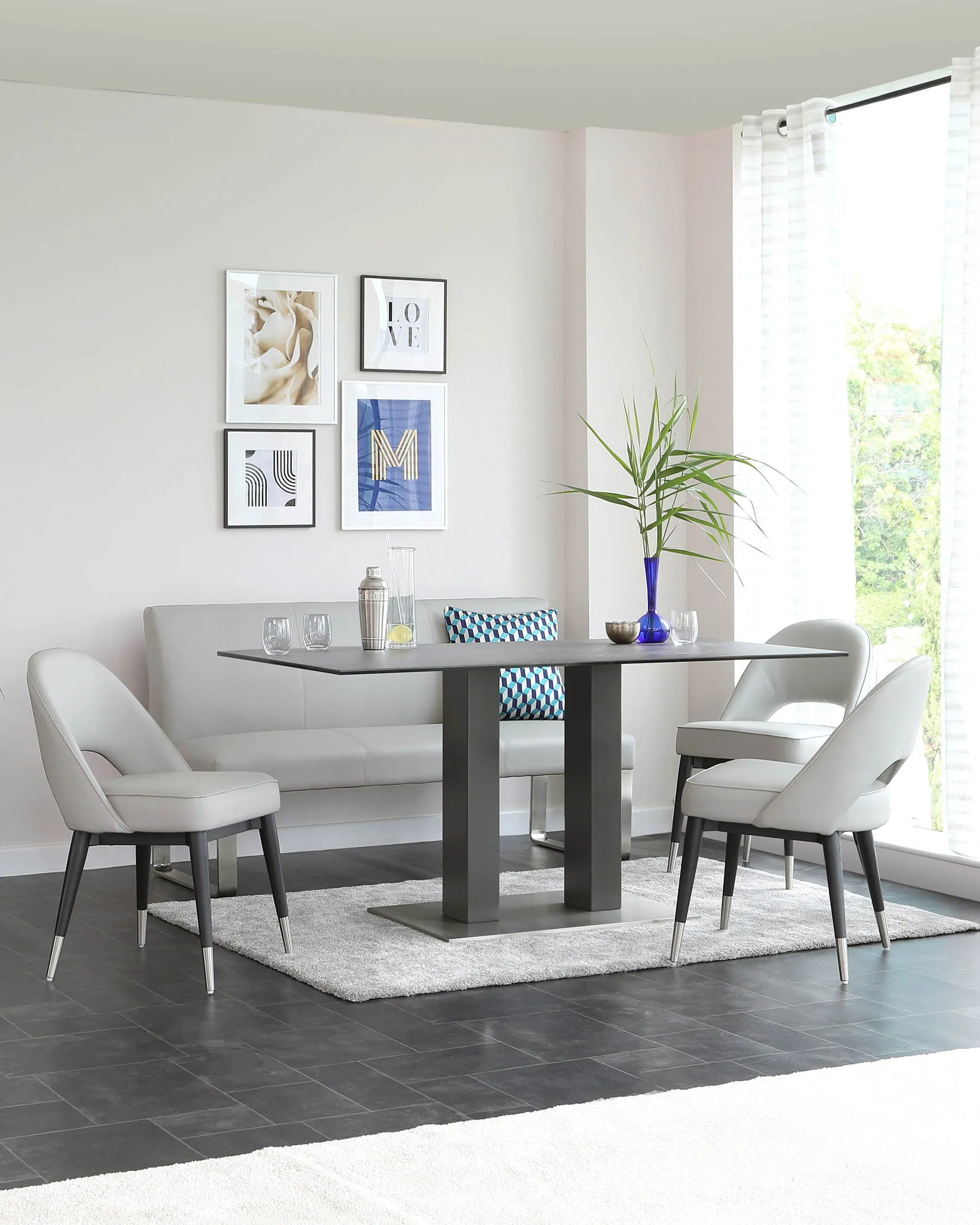 Loop 3 Seater Light Grey Faux Leather & Stainless Steel Dining Bench With Backrest