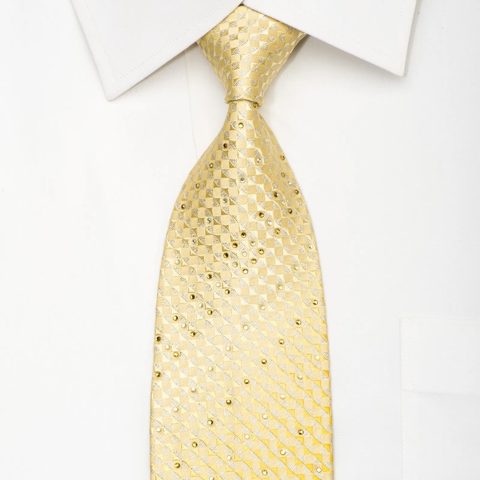 Louis Quatorze Men's Silk Necktie Yellow Checkered Sparkling With Rhinestones