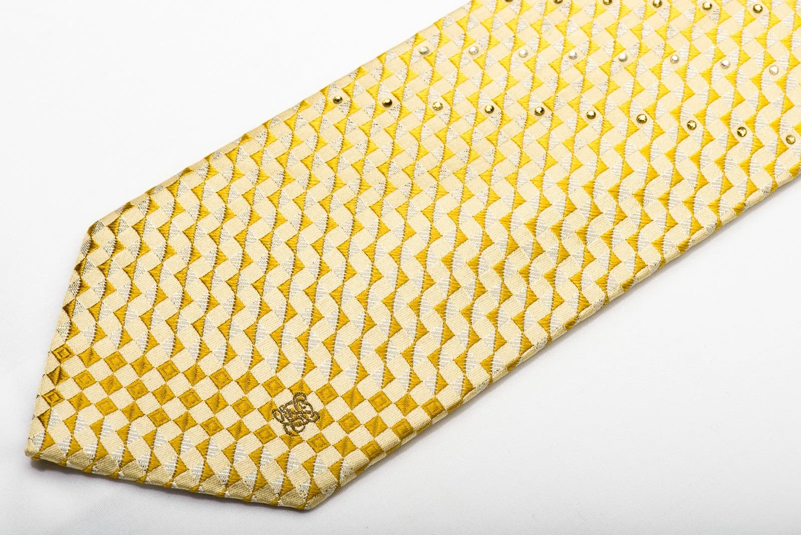 Louis Quatorze Men's Silk Necktie Yellow Checkered Sparkling With Rhinestones