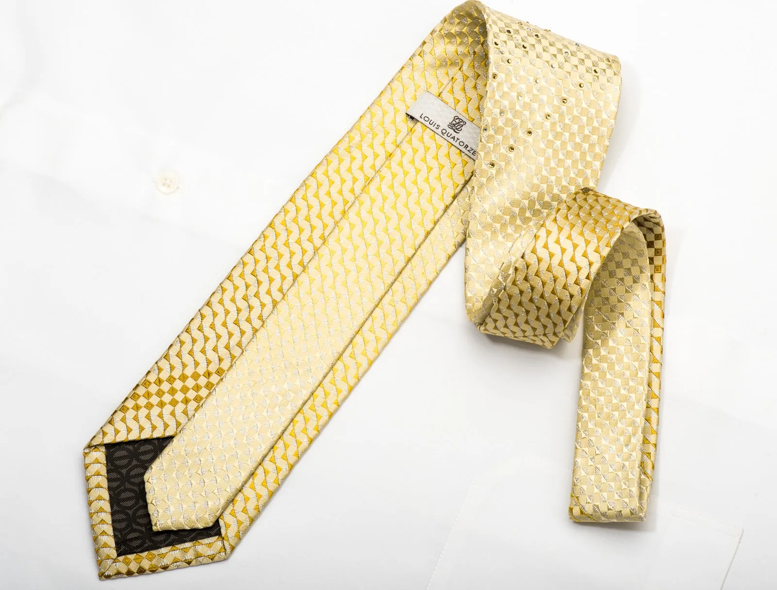 Louis Quatorze Men's Silk Necktie Yellow Checkered Sparkling With Rhinestones
