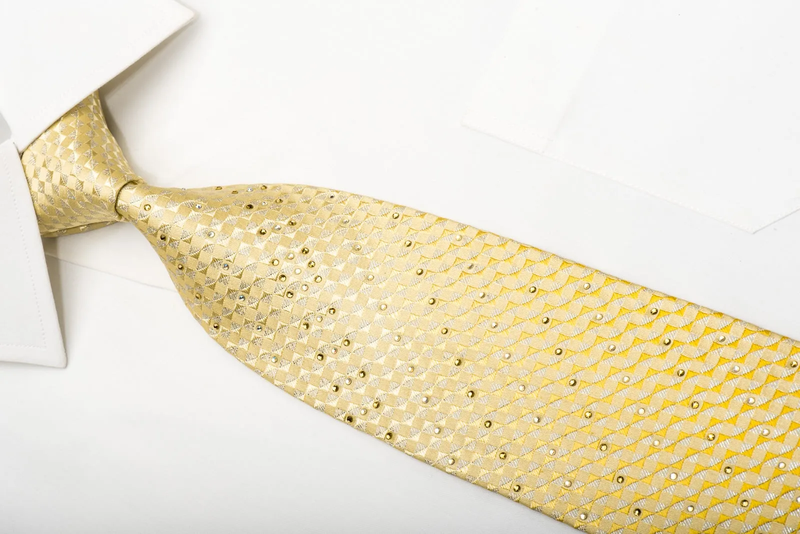 Louis Quatorze Men's Silk Necktie Yellow Checkered Sparkling With Rhinestones