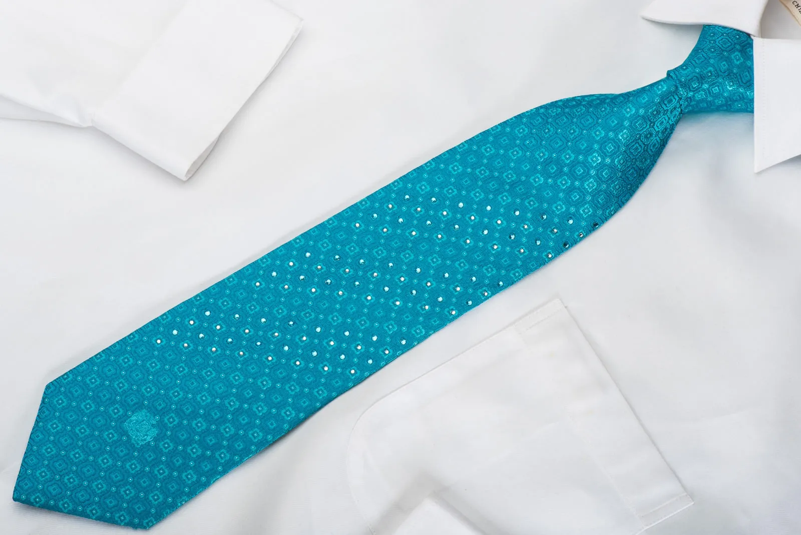Louis Quatorze Rhinestone Silk Necktie Foulard On Teal With Silver Sparkles