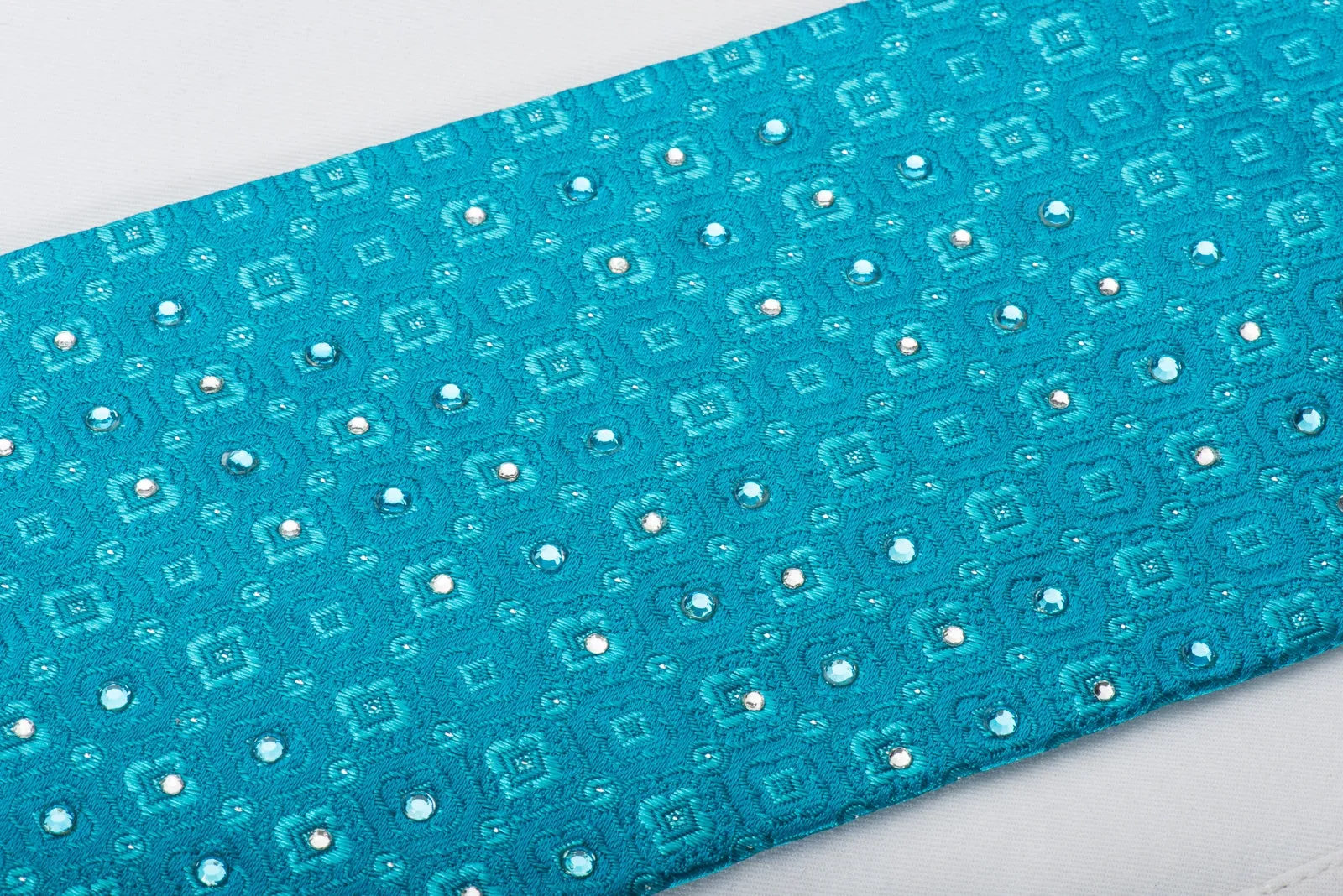 Louis Quatorze Rhinestone Silk Necktie Foulard On Teal With Silver Sparkles