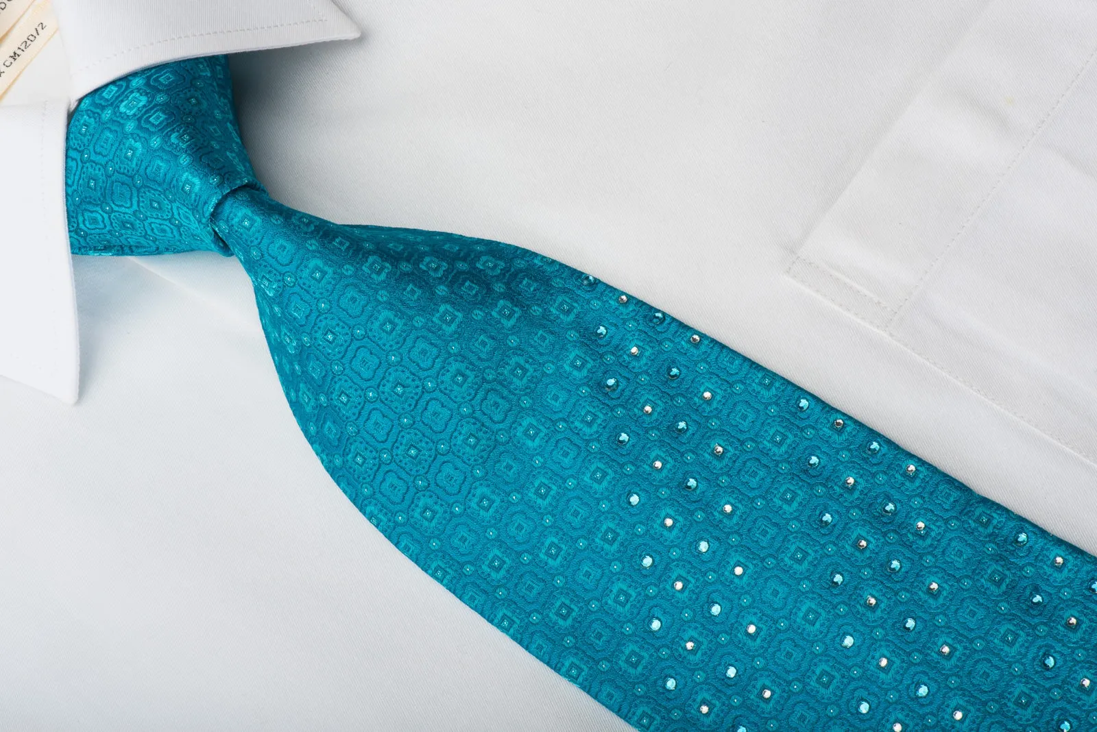 Louis Quatorze Rhinestone Silk Necktie Foulard On Teal With Silver Sparkles