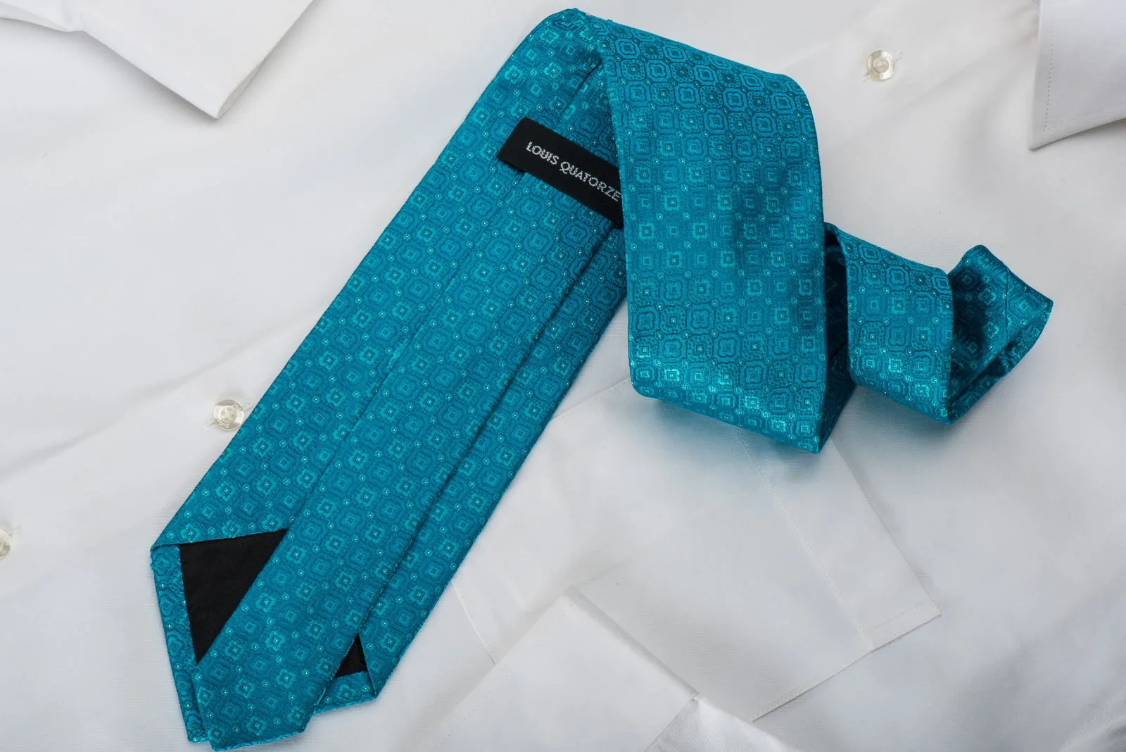 Louis Quatorze Rhinestone Silk Necktie Foulard On Teal With Silver Sparkles