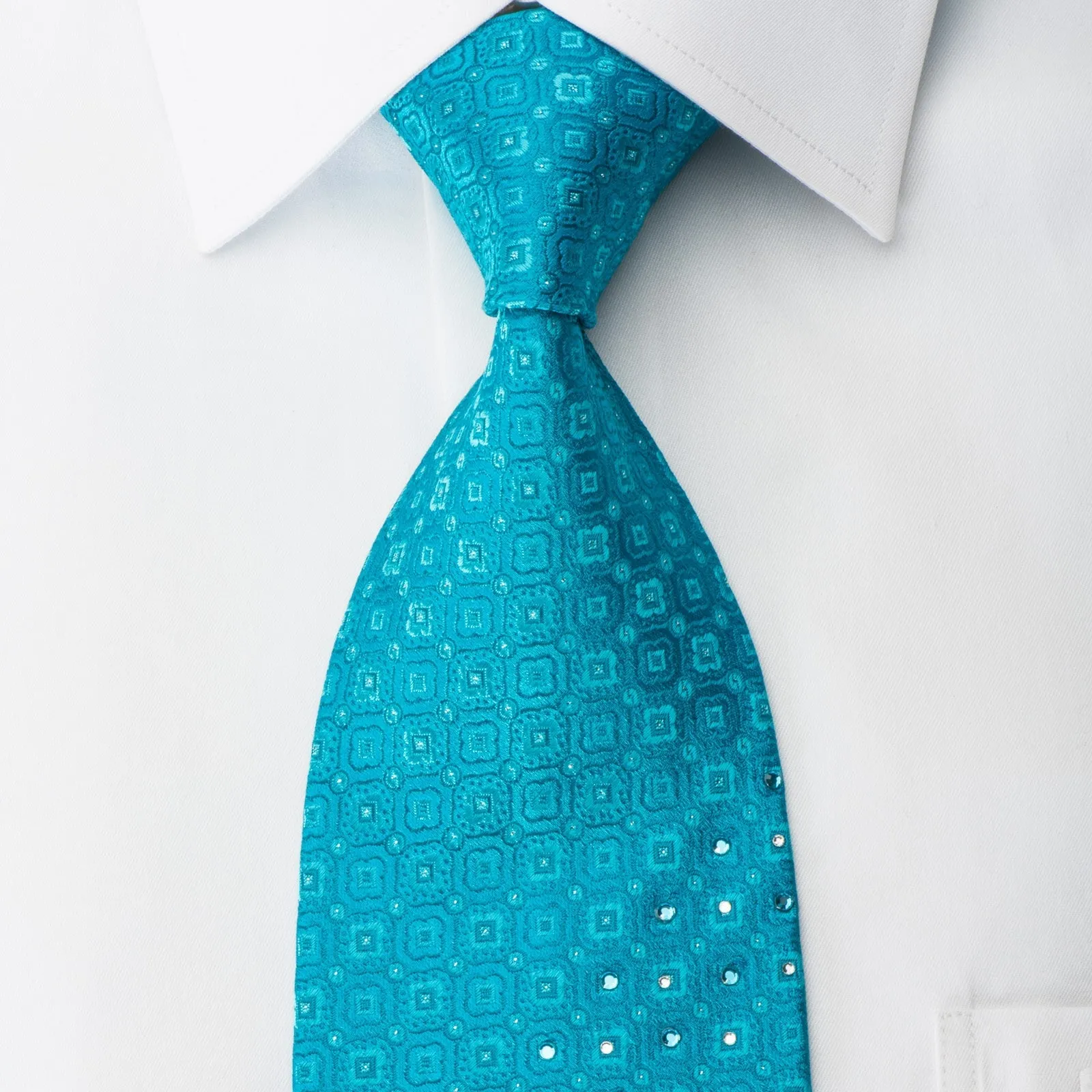 Louis Quatorze Rhinestone Silk Necktie Foulard On Teal With Silver Sparkles