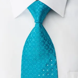 Louis Quatorze Rhinestone Silk Necktie Foulard On Teal With Silver Sparkles