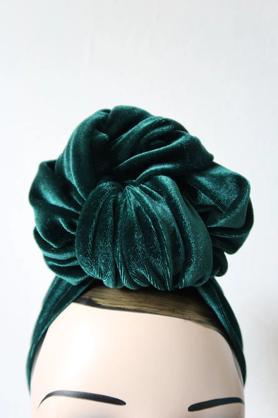 Made To Order: SLOUCHY KNOT Velvet Pre-tied Stretchy 1940s Style Turban in Black, Claret, Bottle Green & Dusky Pink