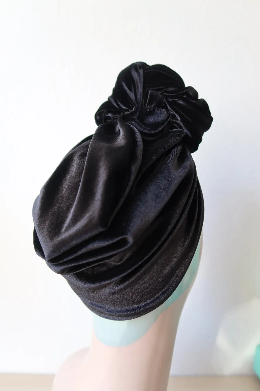 Made To Order: SLOUCHY KNOT Velvet Pre-tied Stretchy 1940s Style Turban in Black, Claret, Bottle Green & Dusky Pink