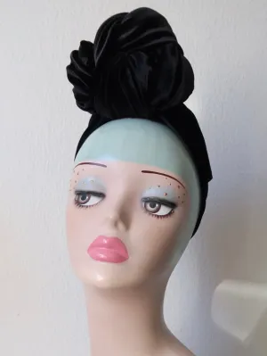 Made To Order: SLOUCHY KNOT Velvet Pre-tied Stretchy 1940s Style Turban in Black, Claret, Bottle Green & Dusky Pink