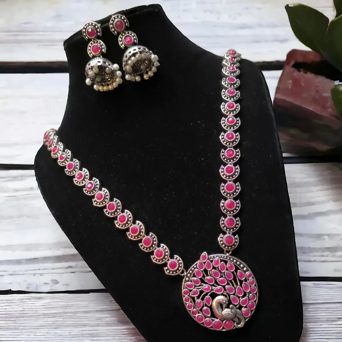 Mayur Silver Oxidized Necklace Set, Pink