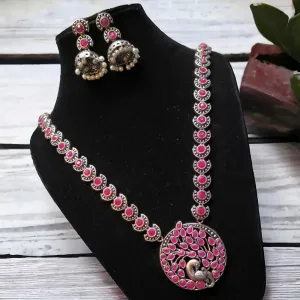Mayur Silver Oxidized Necklace Set, Pink