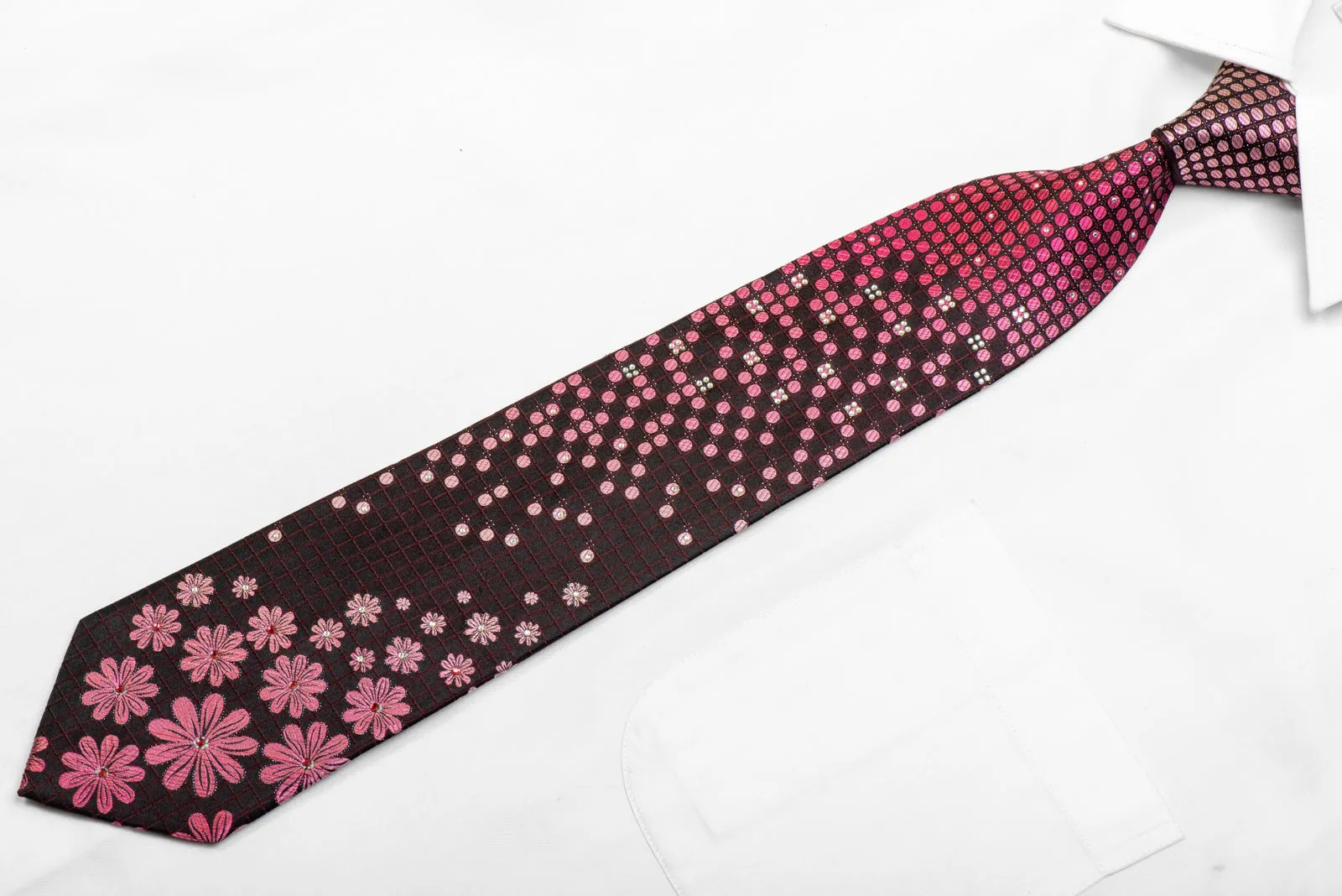 Men's Rhinestone Tie Purple Floral & Geometric On Black With Sparkles