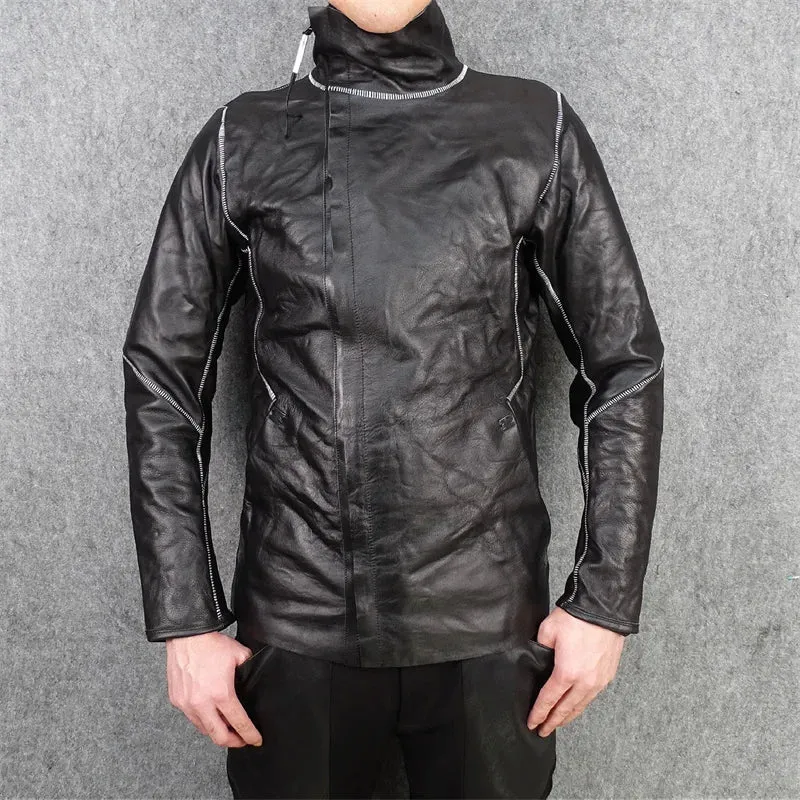 Men's Slim Pleated Asymmetrical Gothic Leather Jacket - Handmade Designer Clothes