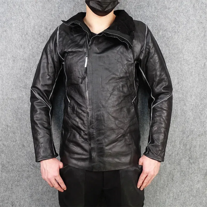 Men's Slim Pleated Asymmetrical Gothic Leather Jacket - Handmade Designer Clothes