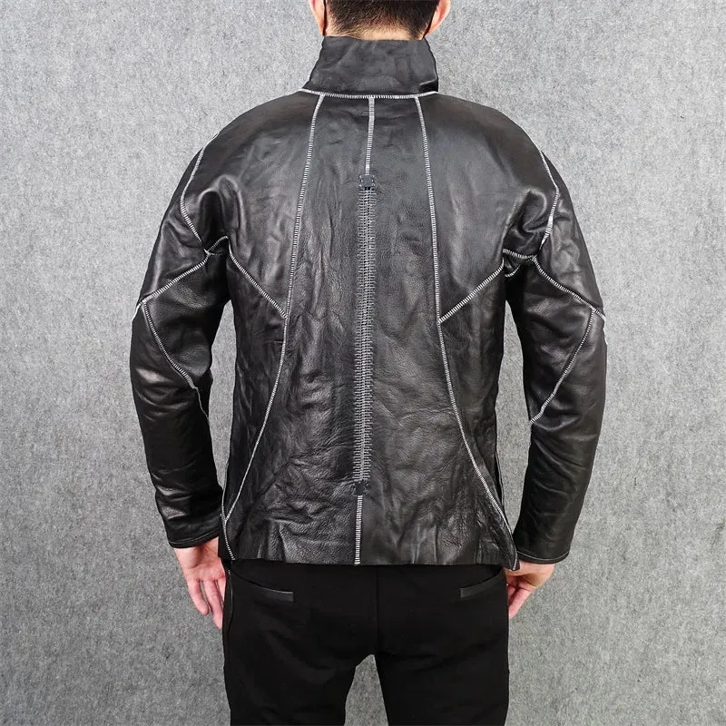 Men's Slim Pleated Asymmetrical Gothic Leather Jacket - Handmade Designer Clothes