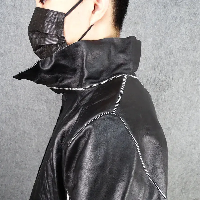 Men's Slim Pleated Asymmetrical Gothic Leather Jacket - Handmade Designer Clothes