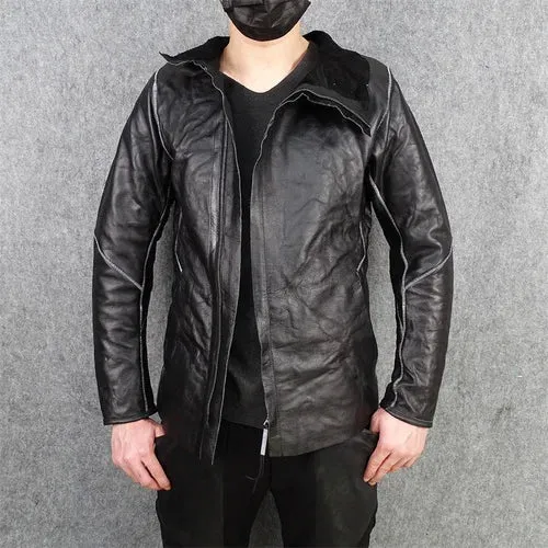 Men's Slim Pleated Asymmetrical Gothic Leather Jacket - Handmade Designer Clothes