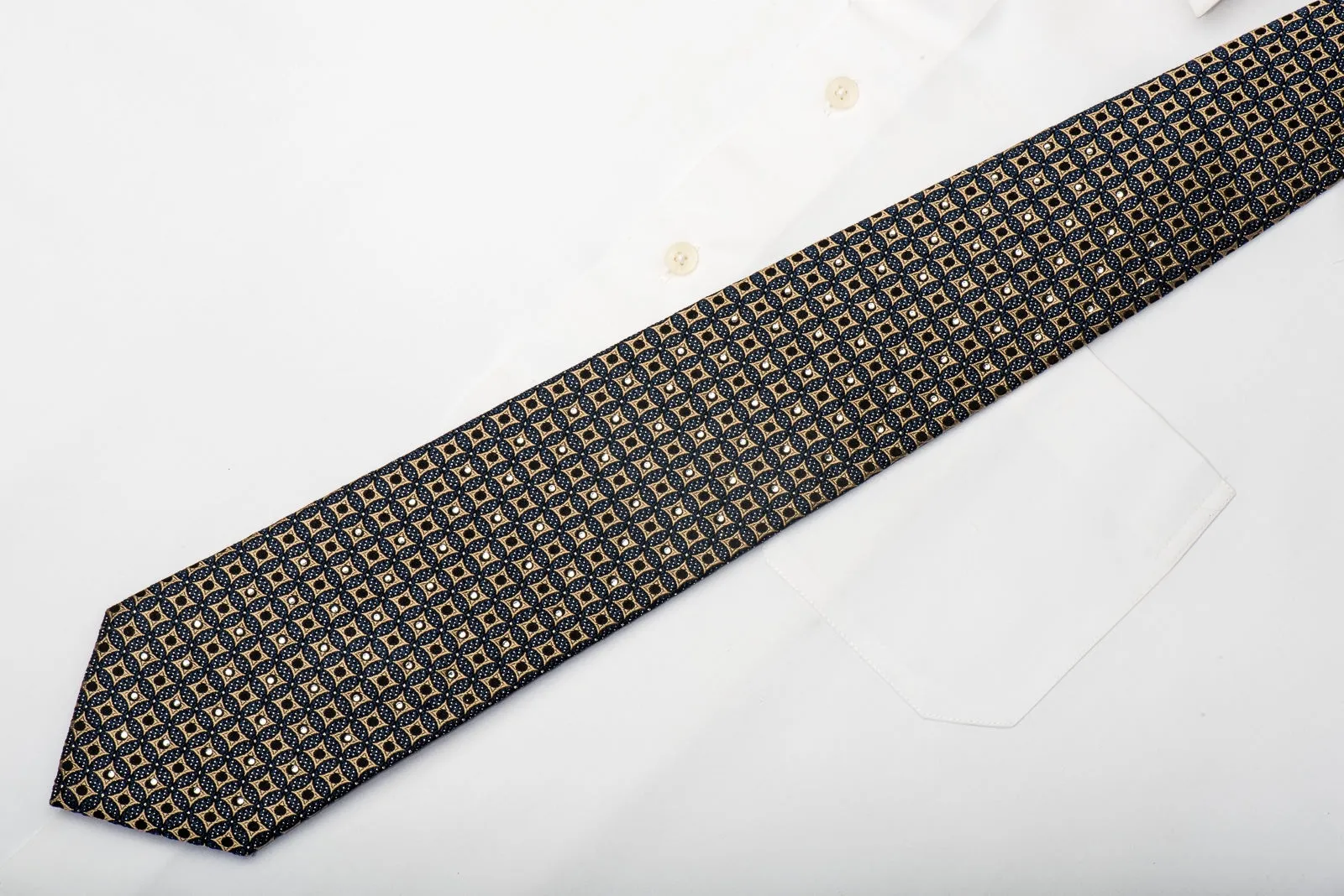 Metro City Mens Silk Necktie Gold Geometric On Dark Teal Black Sparkling With Rhinestones