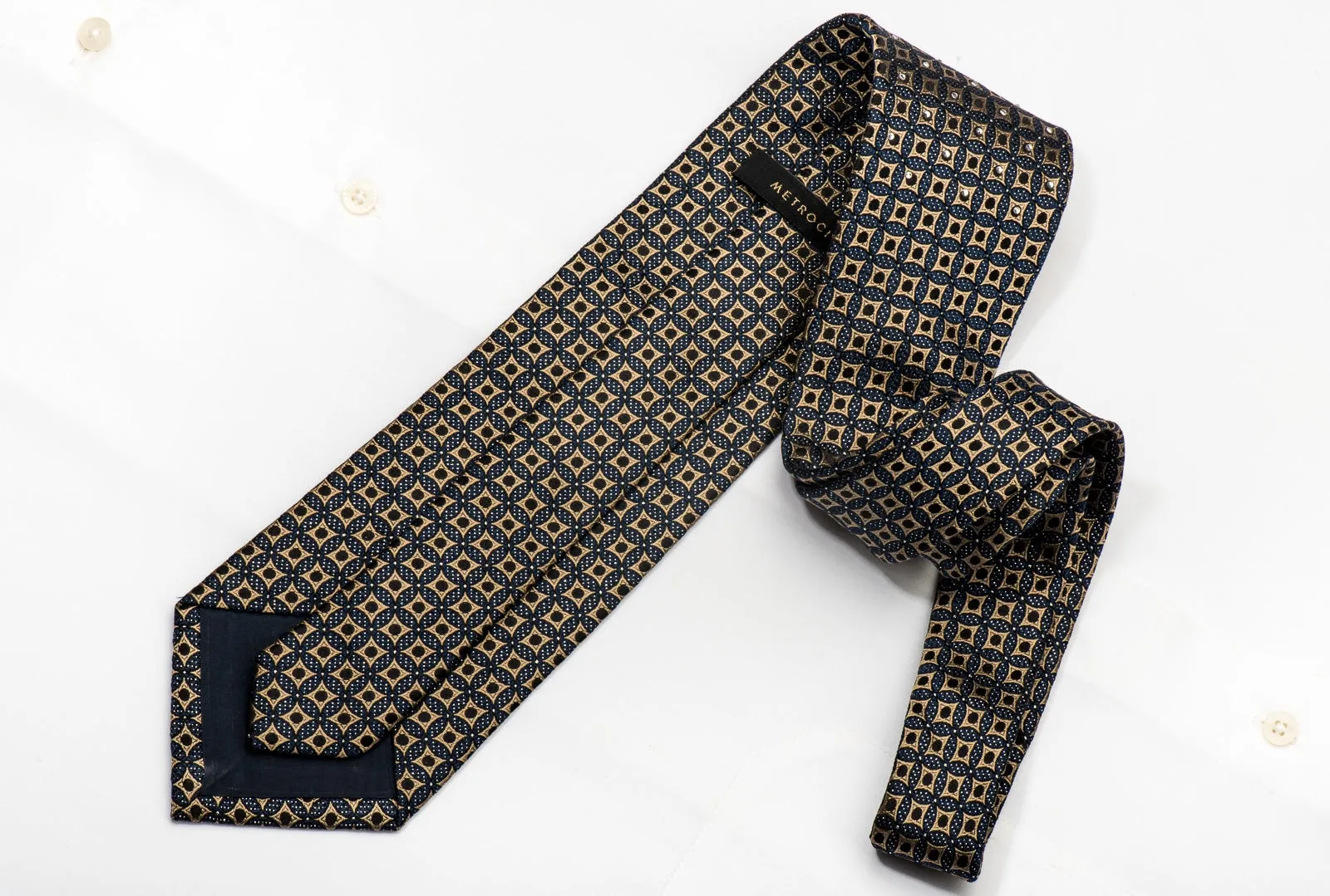 Metro City Mens Silk Necktie Gold Geometric On Dark Teal Black Sparkling With Rhinestones