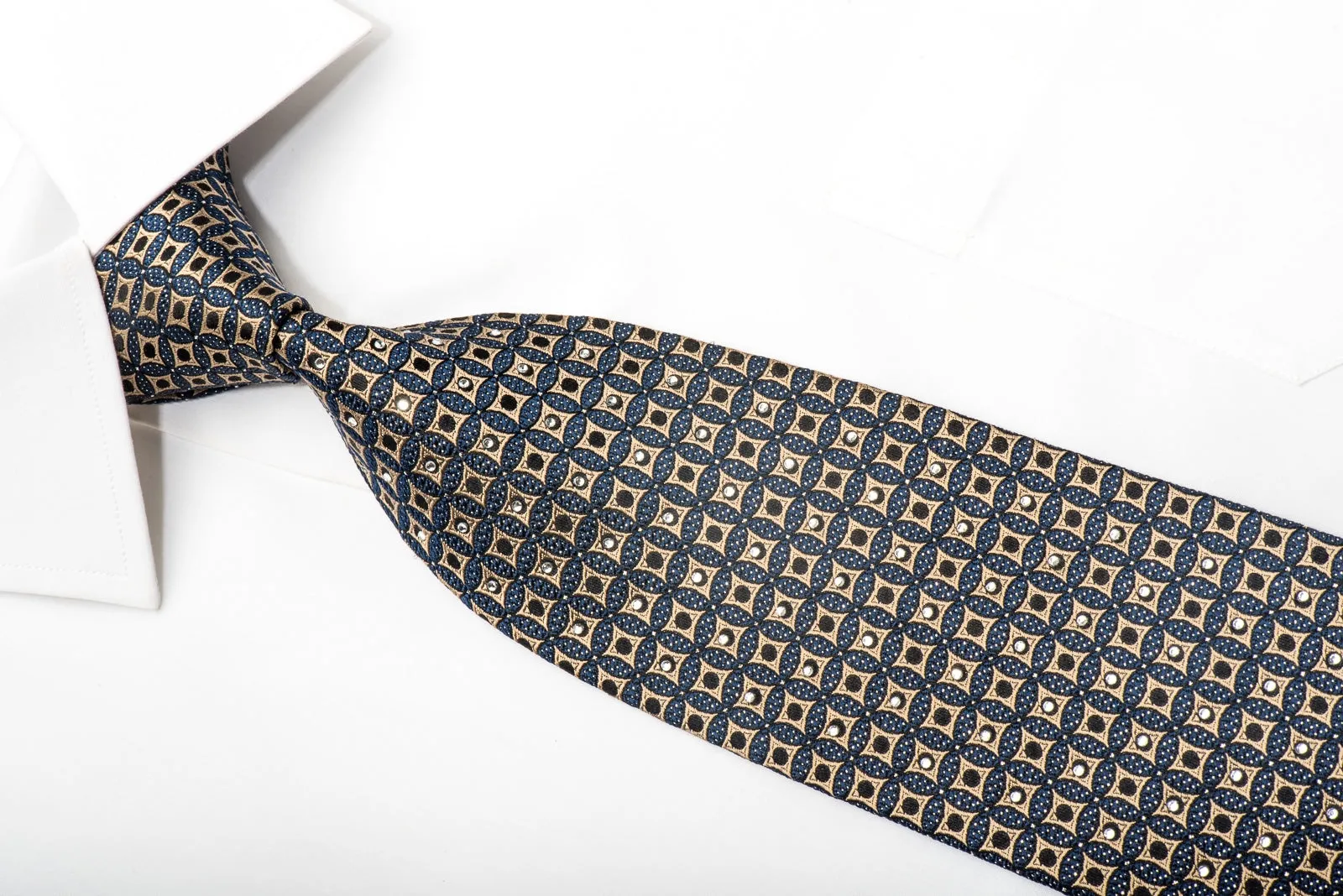 Metro City Mens Silk Necktie Gold Geometric On Dark Teal Black Sparkling With Rhinestones