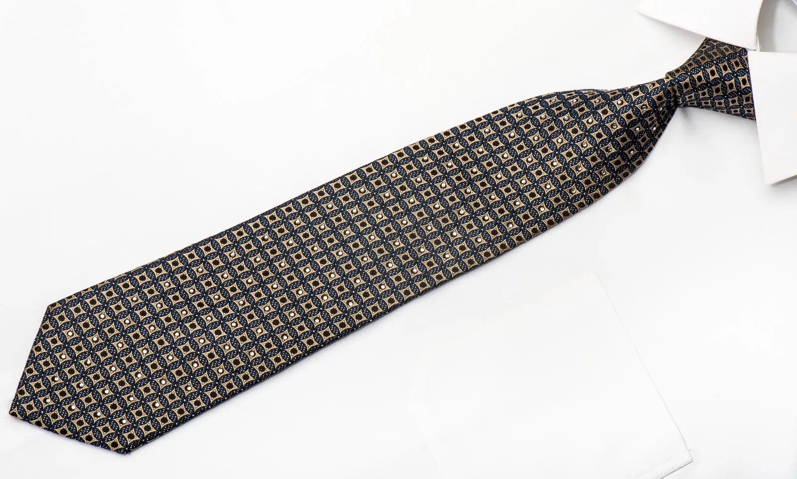 Metro City Mens Silk Necktie Gold Geometric On Dark Teal Black Sparkling With Rhinestones