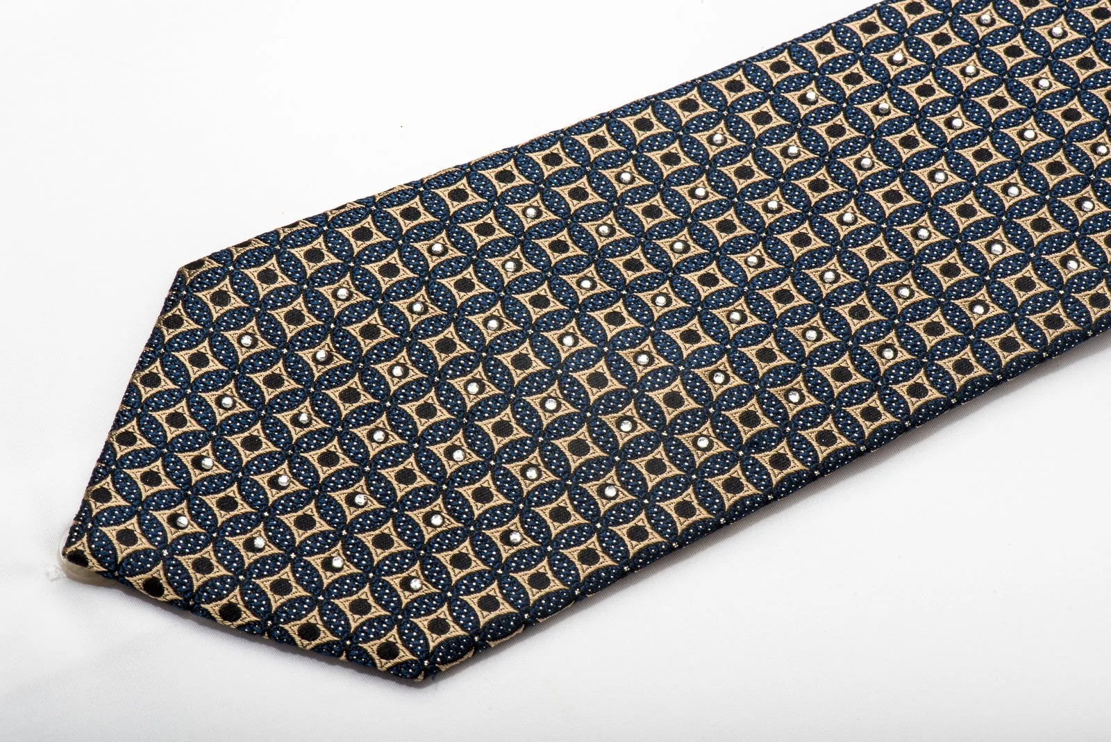 Metro City Mens Silk Necktie Gold Geometric On Dark Teal Black Sparkling With Rhinestones