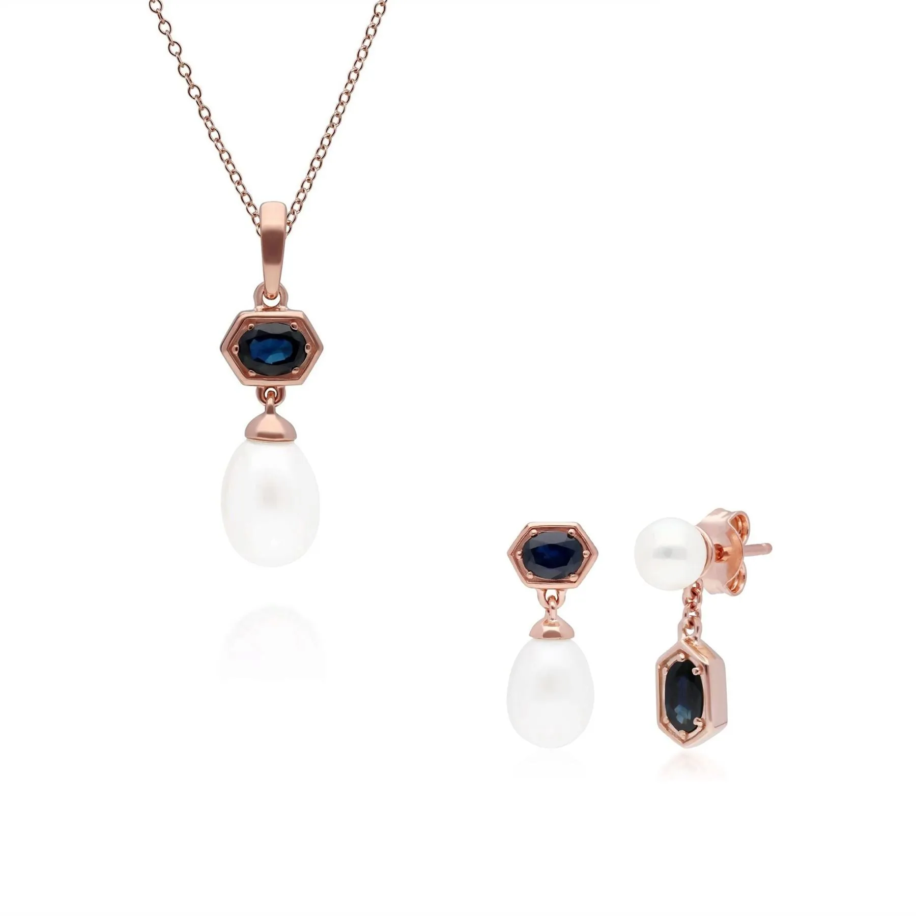 Moderne Perle & Saphir Ring & Anhänger Satz in Rose Vergoldetem Sterling Silber
