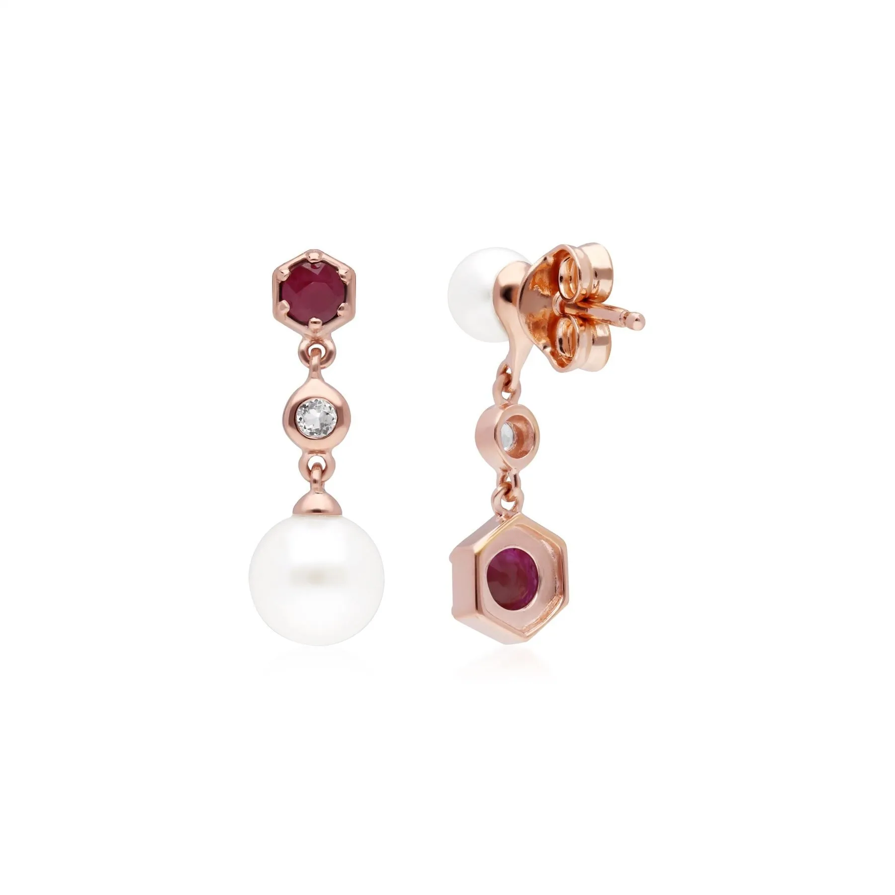 Moderne Perle, Rubin & Topas Asymmetrische Tropfen Ohrringe in Rose Vergoldetem Sterling Silber