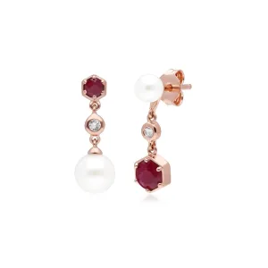 Moderne Perle, Rubin & Topas Asymmetrische Tropfen Ohrringe in Rose Vergoldetem Sterling Silber