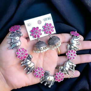 Nandi Floral Oxidized Necklace Set, Pink
