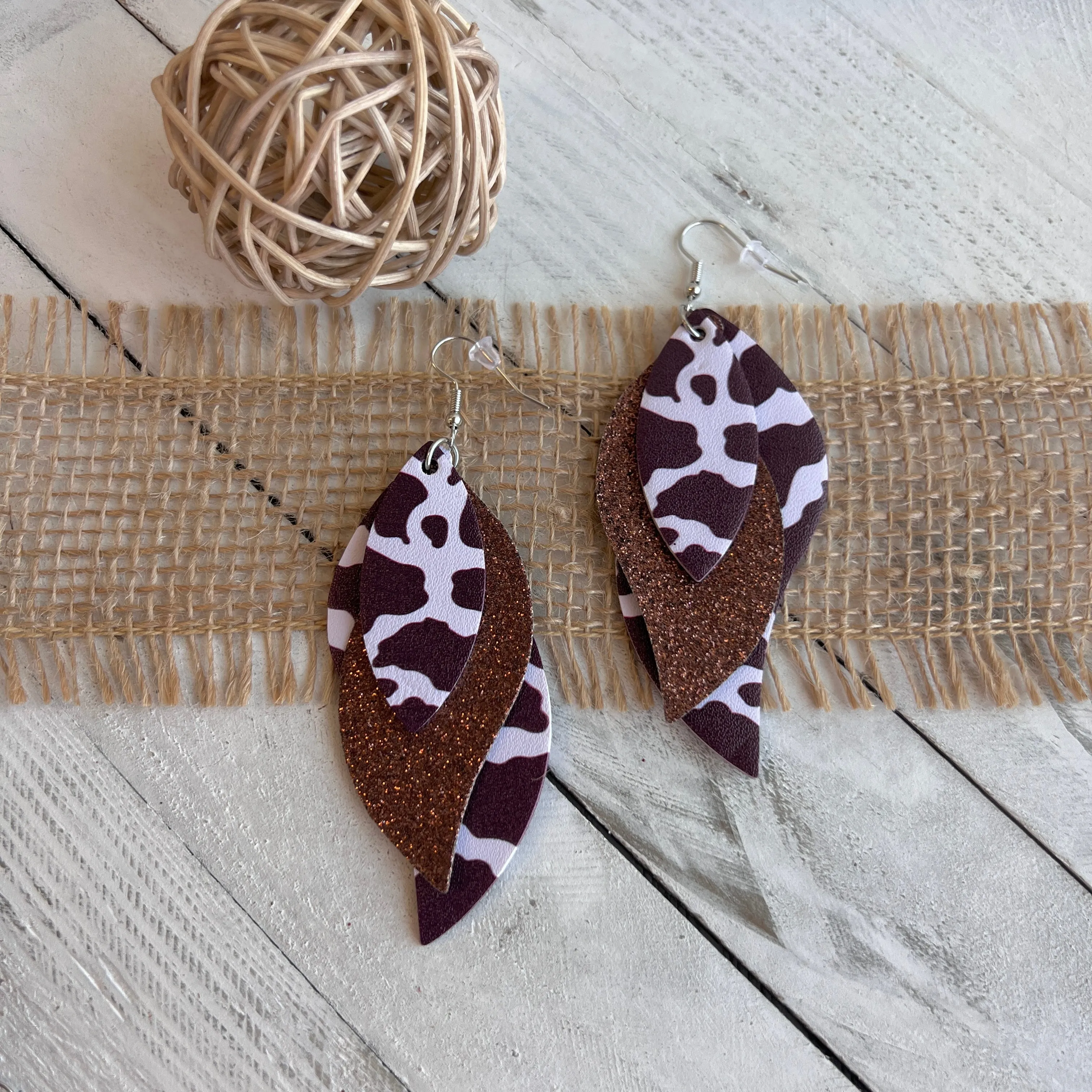 Nashville Brown Cow Faux Leather Teardrop Ear Bling Two Styles Available
