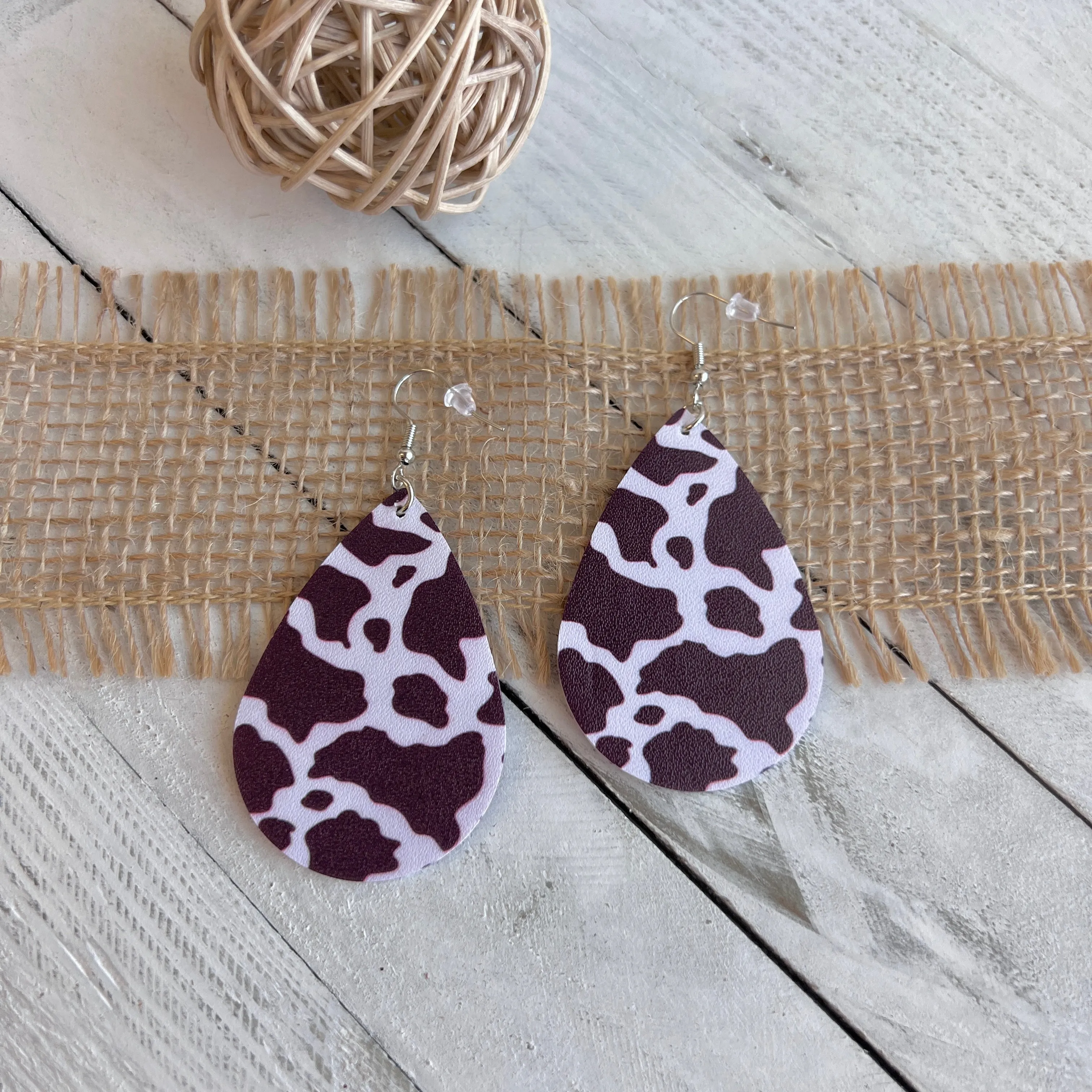 Nashville Brown Cow Faux Leather Teardrop Ear Bling Two Styles Available