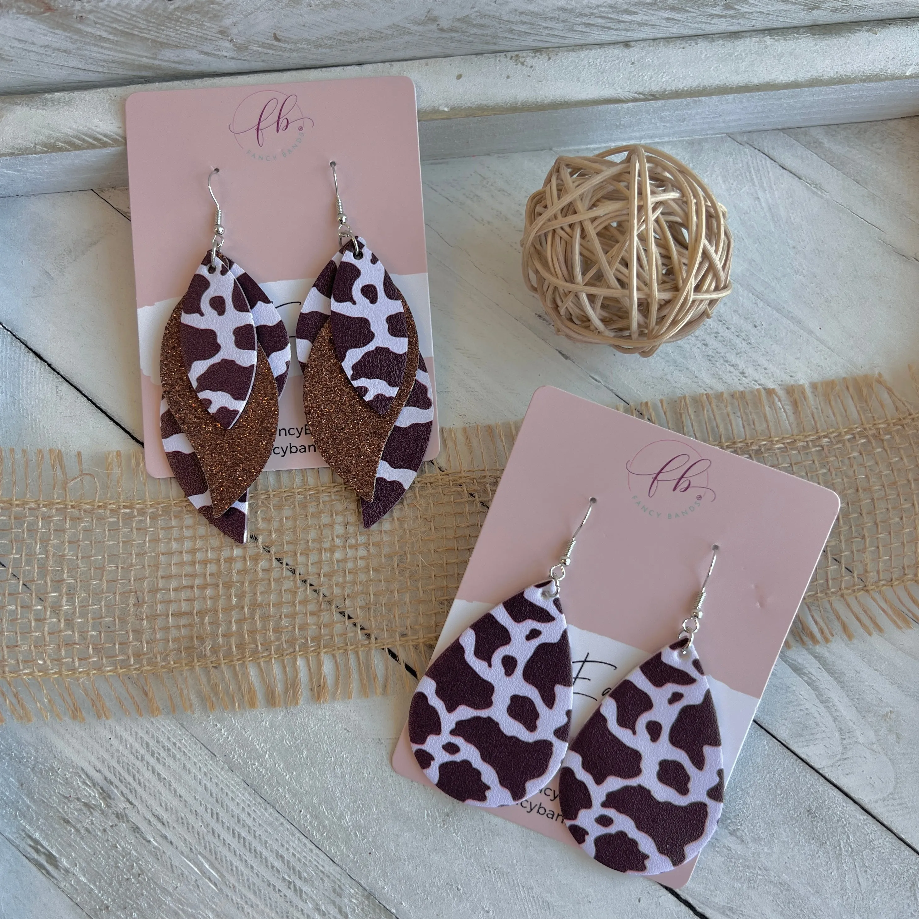 Nashville Brown Cow Faux Leather Teardrop Ear Bling Two Styles Available