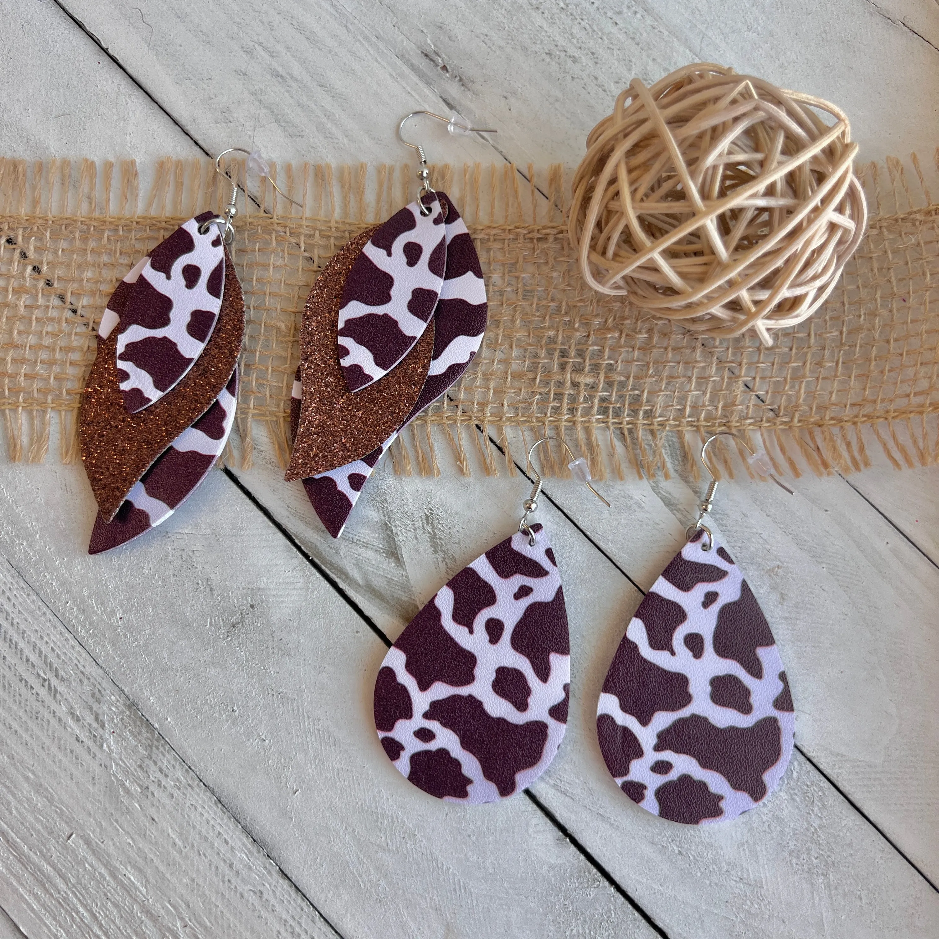 Nashville Brown Cow Faux Leather Teardrop Ear Bling Two Styles Available