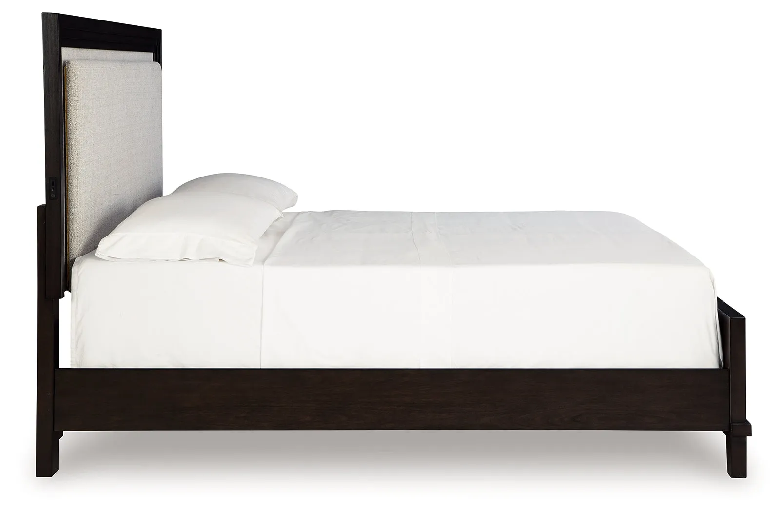Neymorton Queen Upholstered Panel Bed with Mirrored Dresser and Nightstand in Dark Grayish Brown