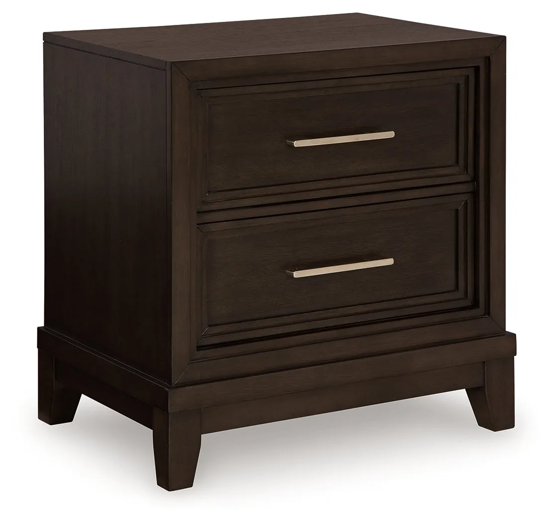 Neymorton Queen Upholstered Panel Bed with Mirrored Dresser and Nightstand in Dark Grayish Brown