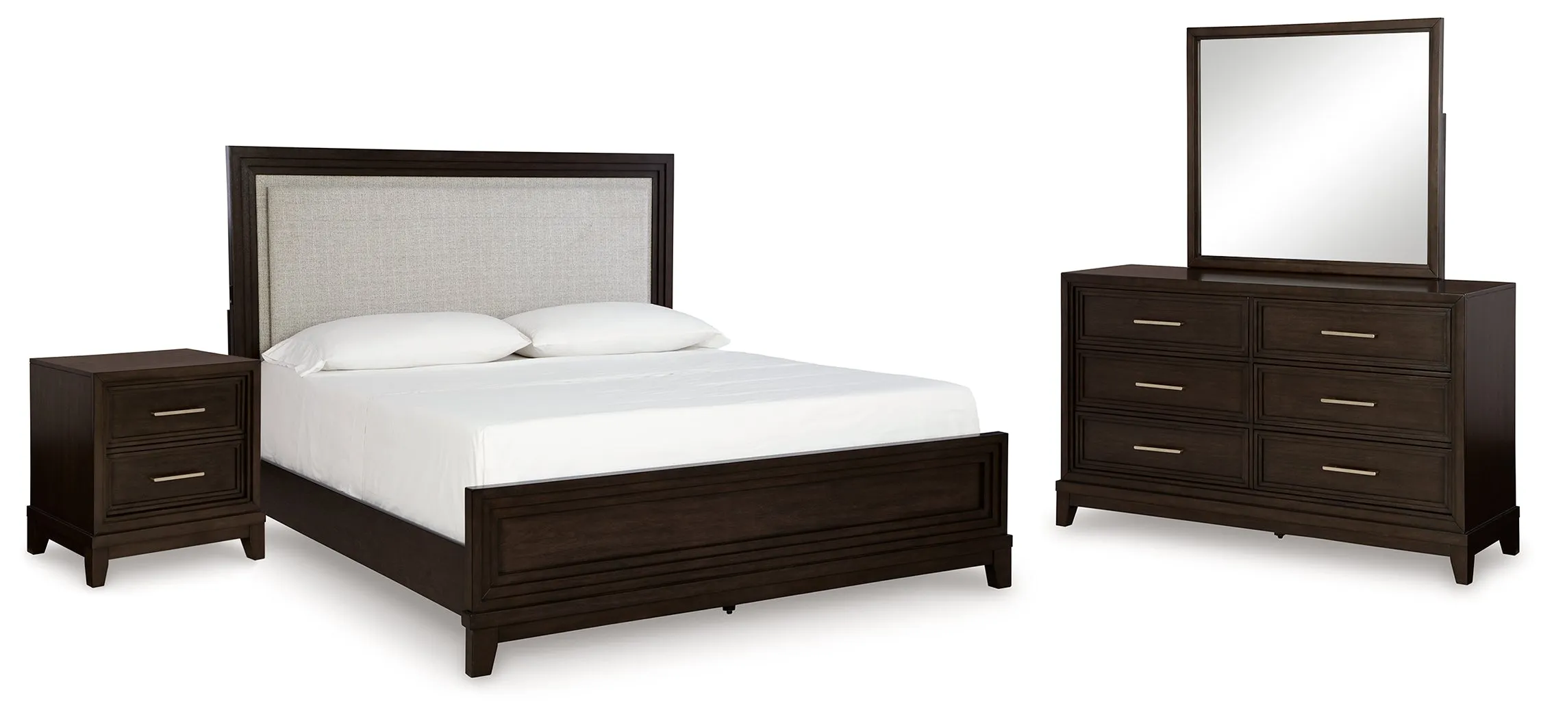 Neymorton Queen Upholstered Panel Bed with Mirrored Dresser and Nightstand in Dark Grayish Brown